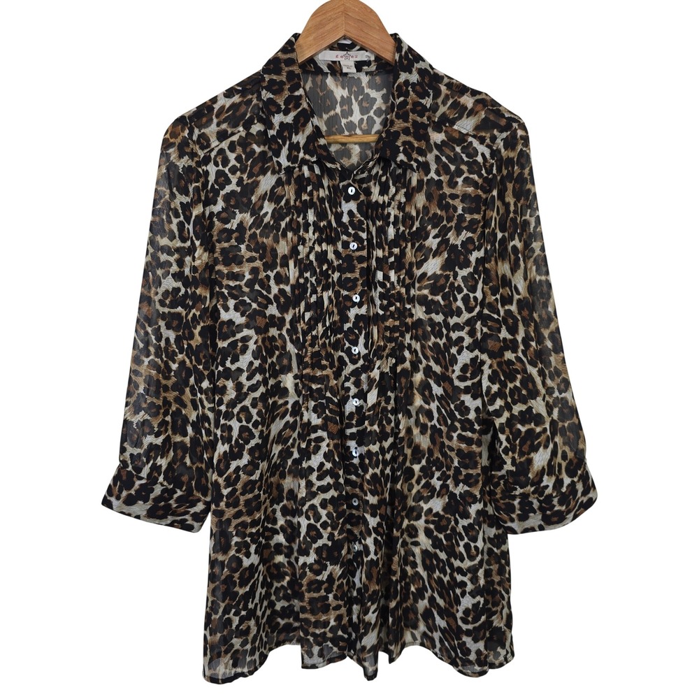 Fever Women XL Leopard Print Sheer Pleated Button Down 3/4 Sleeve Blouse Brown